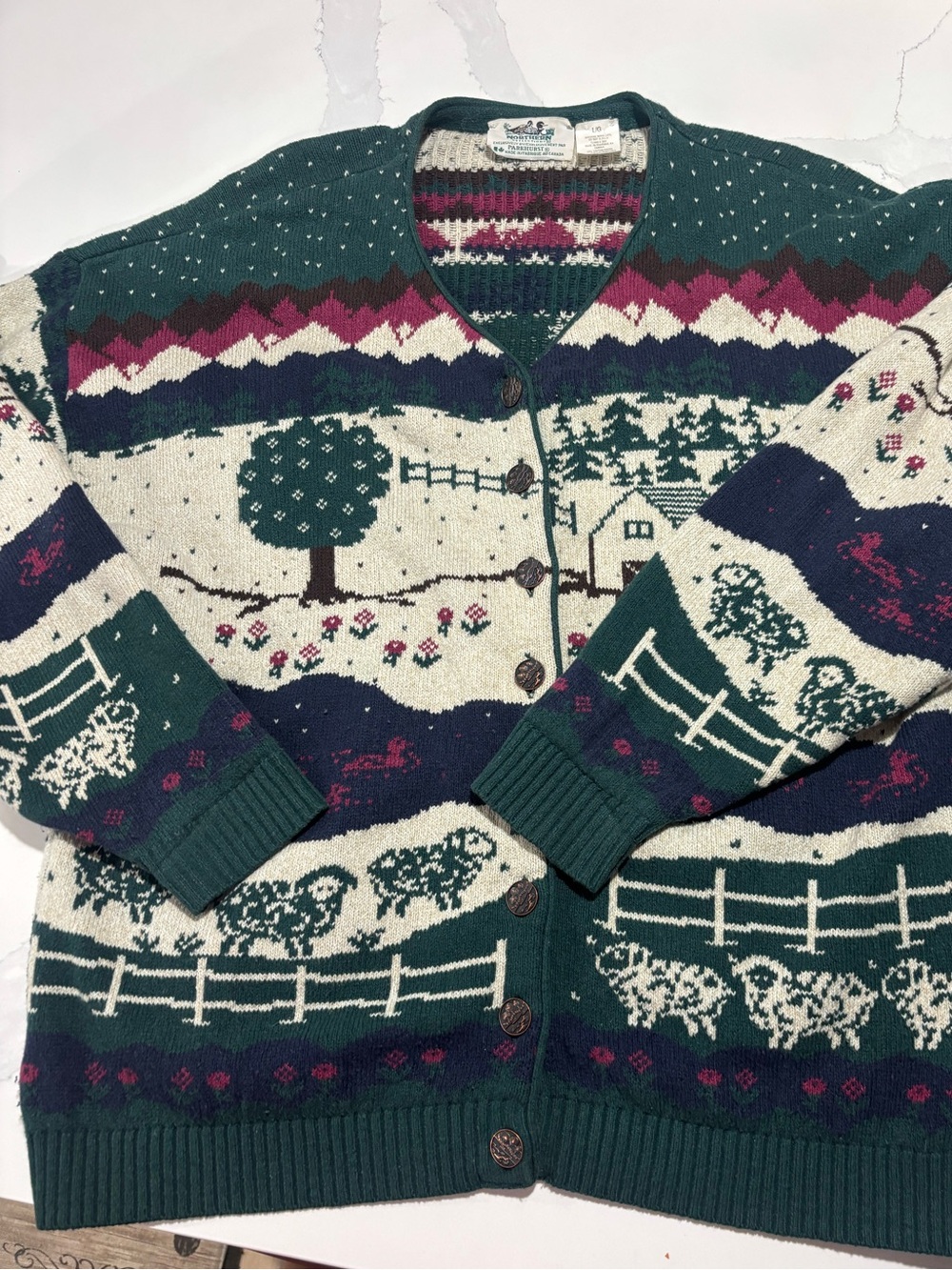Vintage Green Scenic Knit Cardigan with Cream and Navy Accents